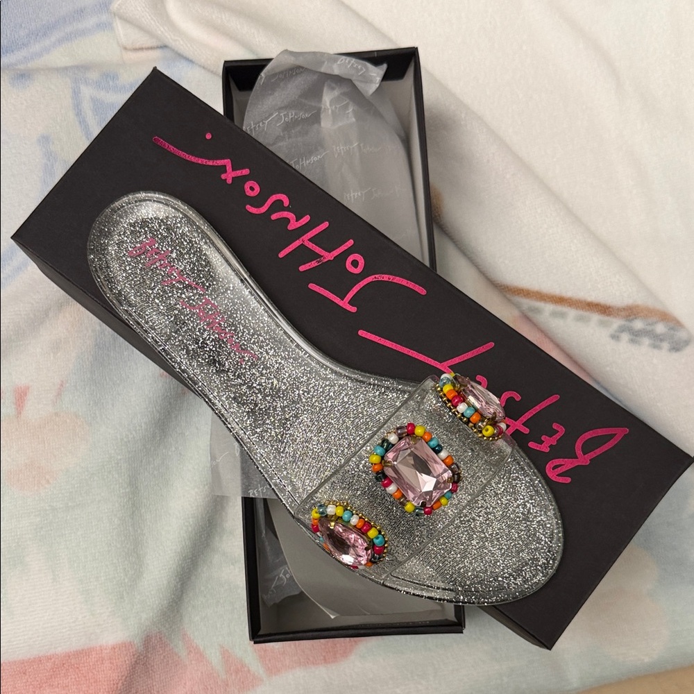 Betsey Johnson Silver Glitter Slide Sandals with Multicolor Jewel Embellishments